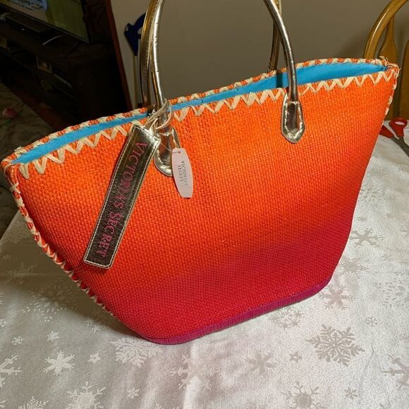 NWT Large Victorias Secret Straw Tote Shopper Orange w/ Gold Tone Handle Gorgeou - Picture 3 of 7